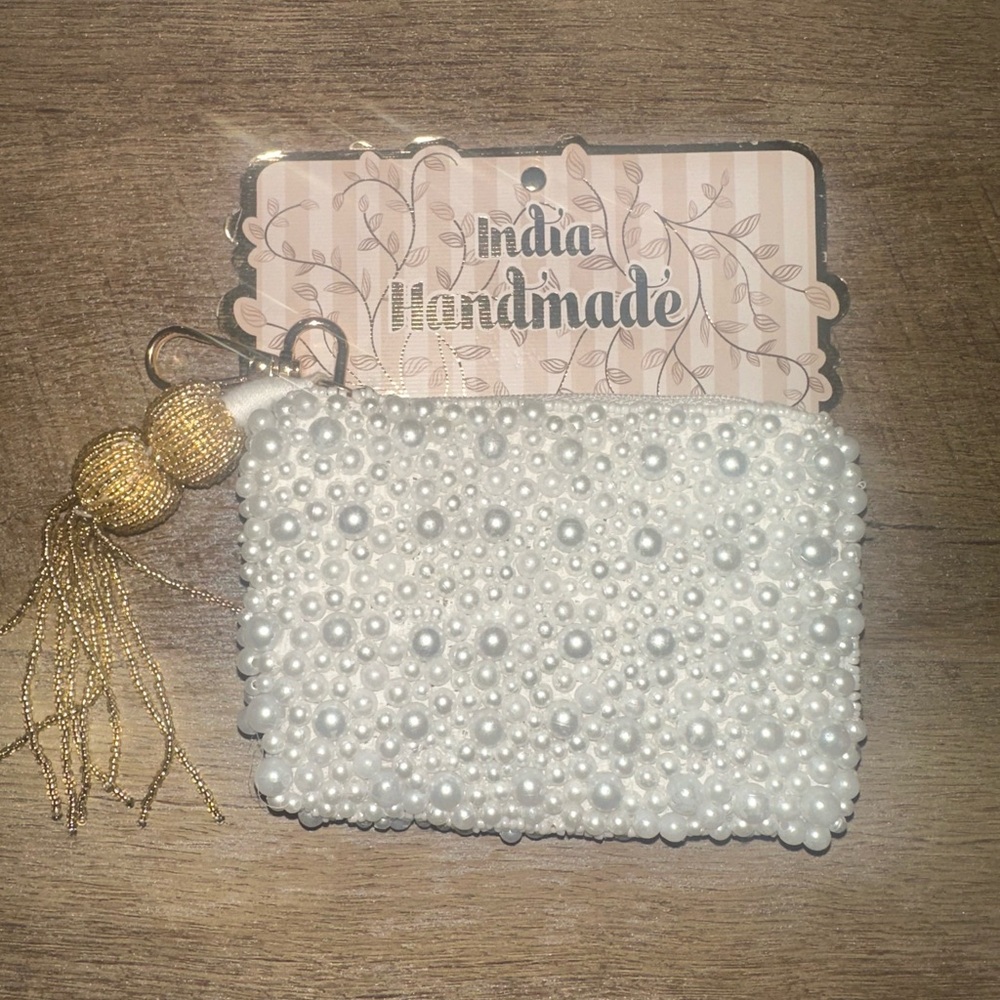 Handmade Pearl Beaded White Clutch with Gold Tassel